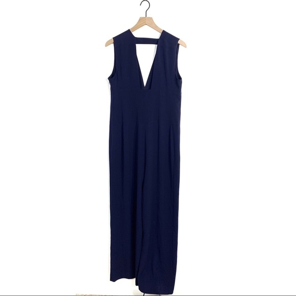 Halston Heritage Navy Blue Plunge Neck Jumpsuit - Picture 2 of 5